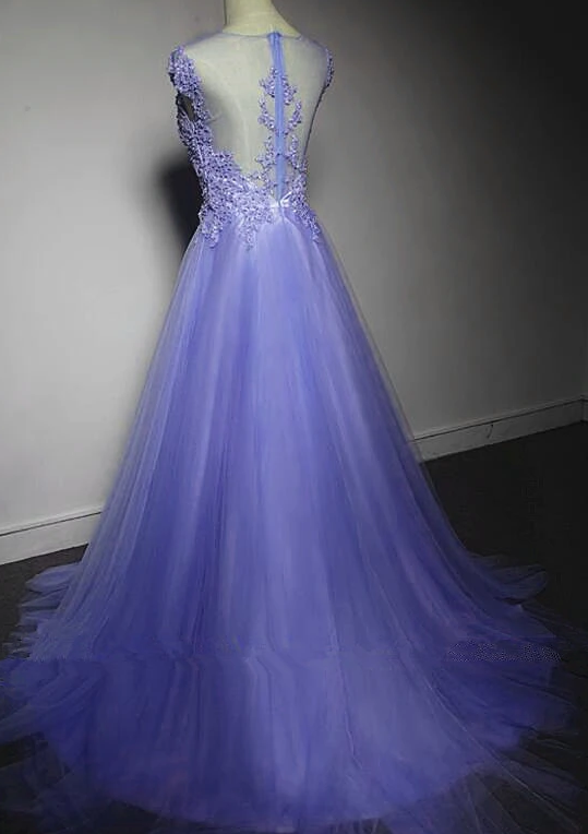 Cute Purple Tulle A-Line Bridesmaid Dress, Lace Applique Prom Dress cg9578