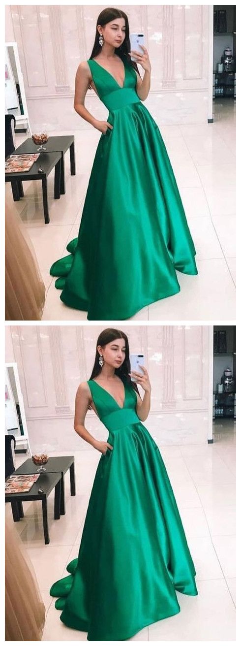 Green v neck satin long prom dress, simple evening dress cg9581
