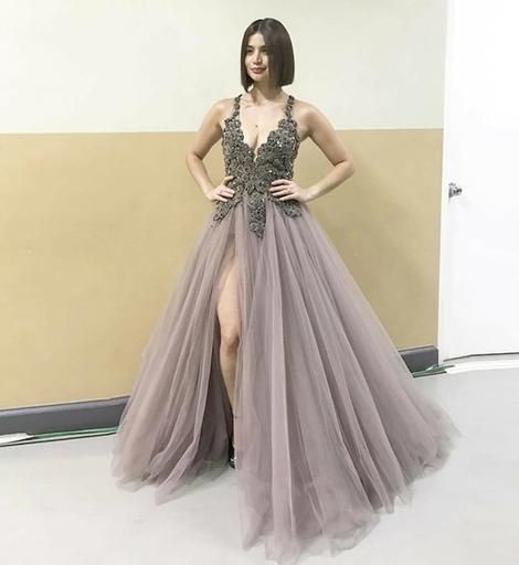 A line v neck tulle lace prom dress formal dress cg9605