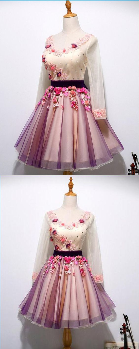 Cute Spring Tulle V Neck Short Lace Applique Party Dress With Sleeves homecoming dress cg9646