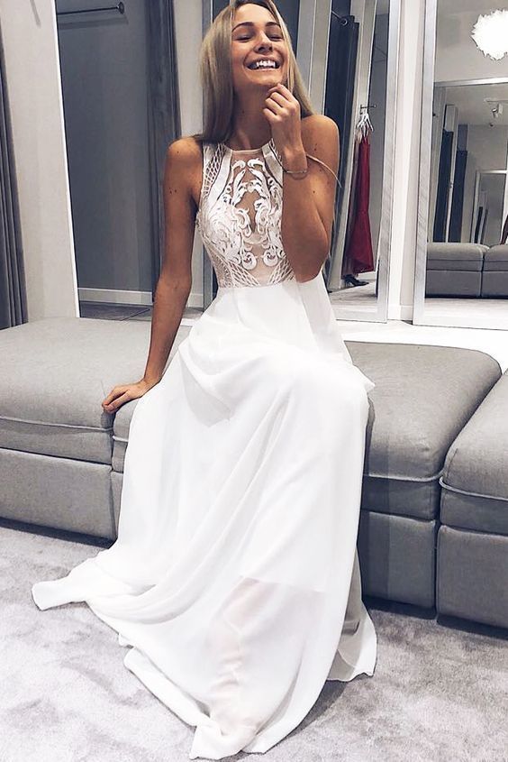 A-Line Sleeveless White Long Prom Dress with Lace Top cg9653