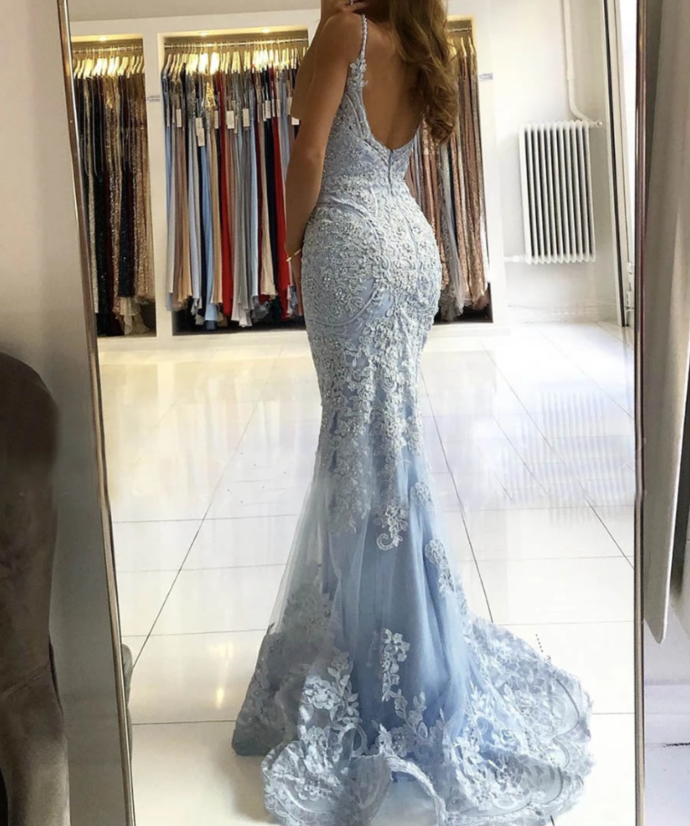 Blue lace long prom dress mermaid evening dress cg9663