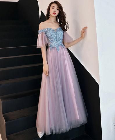 Pink Tulle Lace Long Prom Dress, Pink Tulle Lace Bridesmaid Dress cg9667