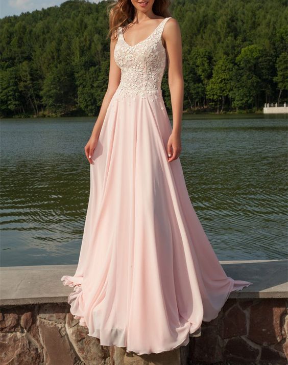 Newest V-Neck Appliques Long Sleeveless Prom Dresses,Chiffon Light Pink Party Dresses cg9668