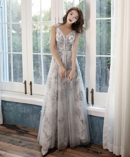 Gray tulle lace long prom dress gray tulle lace formal dress cg9681