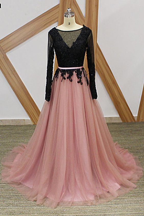 Pink Tulle Black Lace Long Formal Prom Dress, Long Sleeve Evening Dress cg9682
