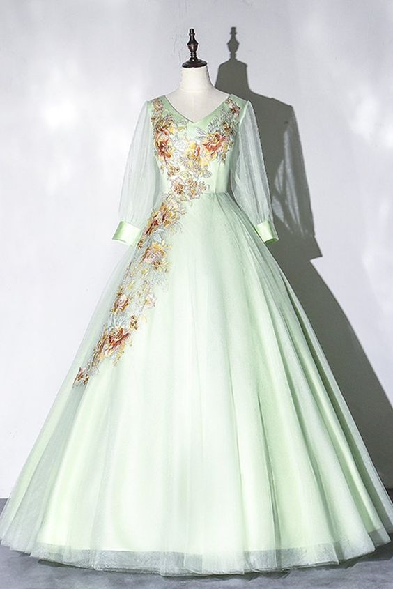 Apple Green Tulle V Neck Long Dress, Long A Line Customize Senior Prom Dress cg9684