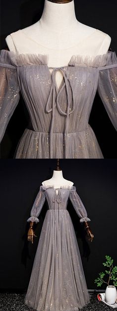 Stunning Gray Tulle 3/4 Sleeves Long A Line Evening Dress, Formal Prom Dress cg9687