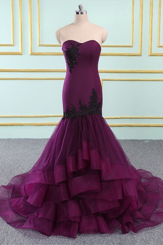Sweetheart Neck Purple Organza Long Mermaid Layered Evening Dress Prom Dress cg9691