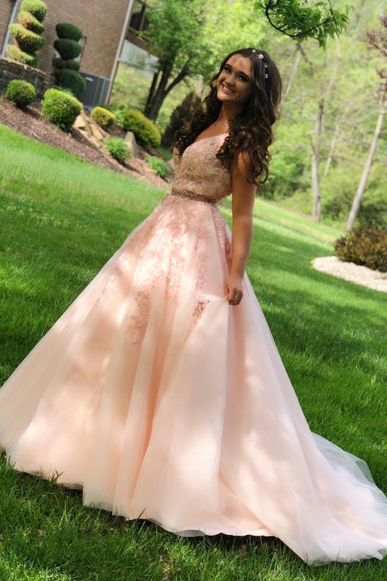 Pink Princesss A-line Tulle Long Birthday prom Dress with Beaded Band and Sweep Train cg9760