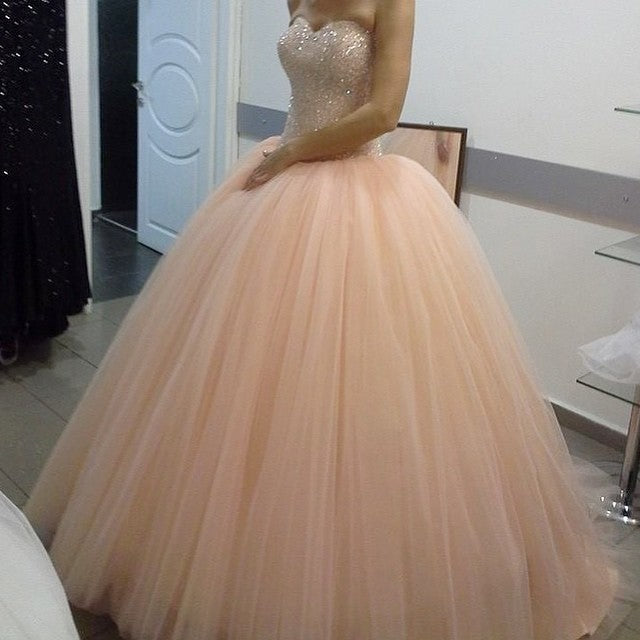 Sparkly Crystal Beaded Sweetheart Peach Tulle Wedding Dresses Ball Gowns prom dress cg9796