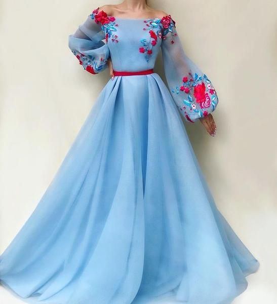 blue party dress long sleeve evening dress tulle applique prom dress off shoulder ball gown cg9797
