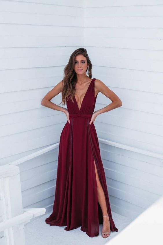 Deep v neck long prom dress with split cg9804