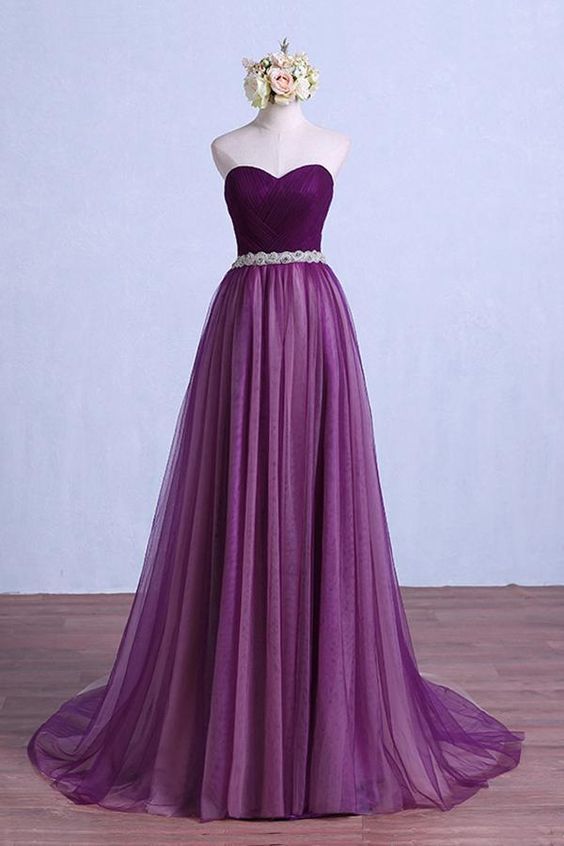 Colorful Purple Purple Tulle Strapless Beaded Long Pageant Prom Dess cg9849