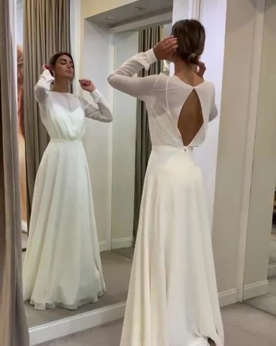 Bohemian Simple Long Sleeves Prom Dress A Line Open Back Modest cg9862