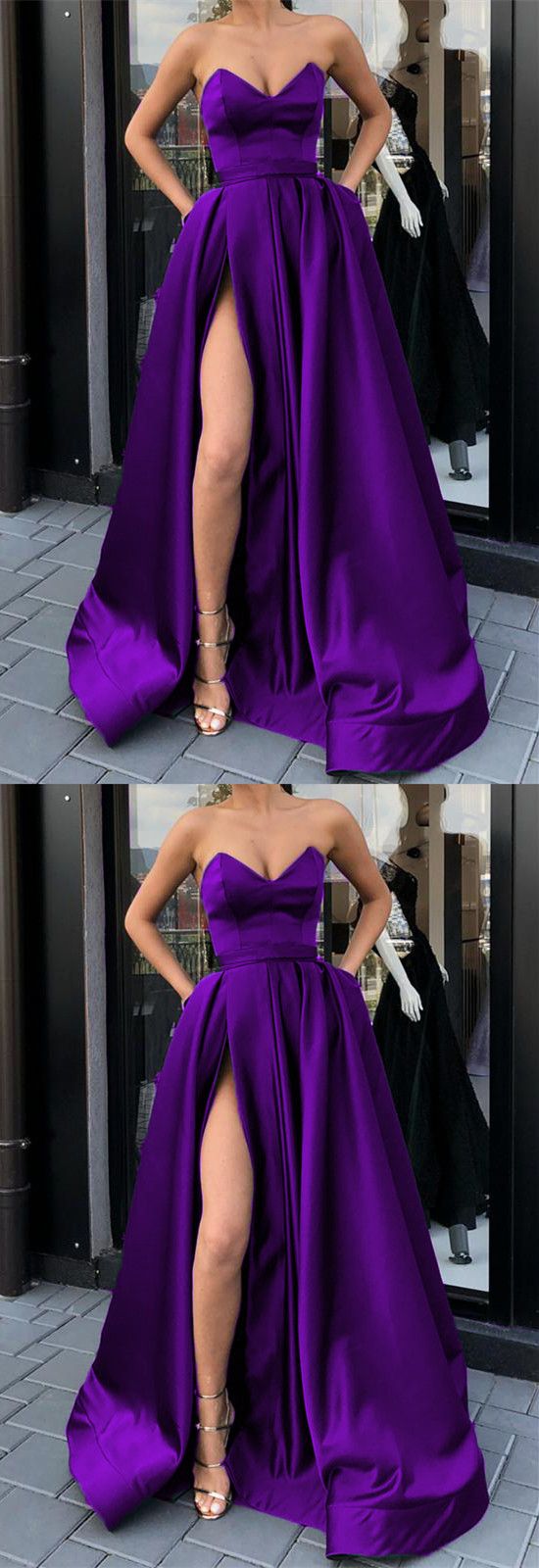 purple satin strapless prom dresses with pockets cg9905
