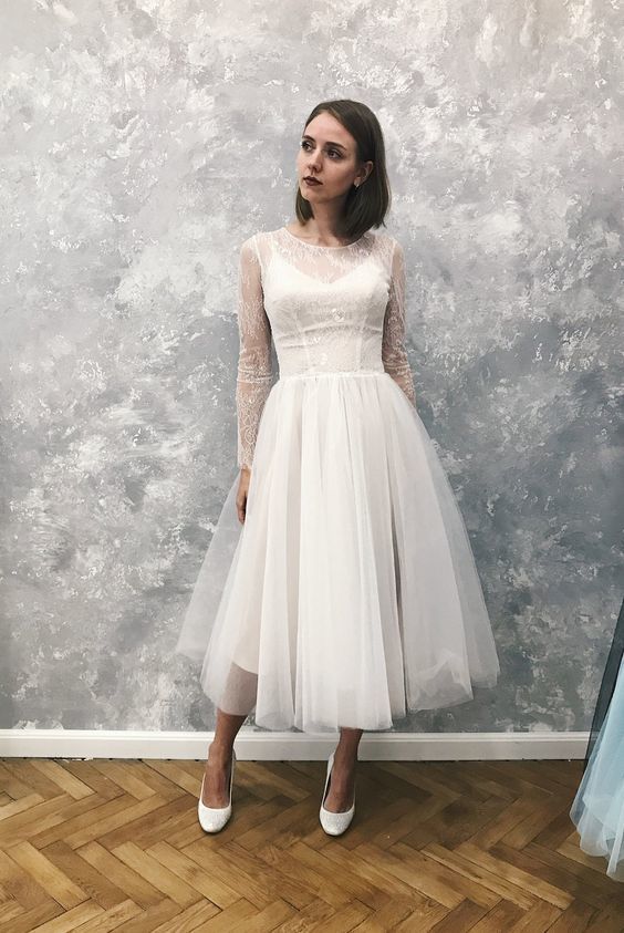 Short wedding dress, Long sleeve tulle wedding homecoming dress cg9934