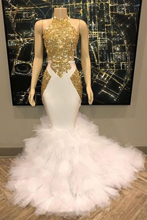 Gold and White Long Mermaid Prom Dress, Evening Gowns cg9942