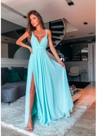 V neck Light Blue A Line Prom Dresses, Sexy Slit Long Evening Dress cg9986