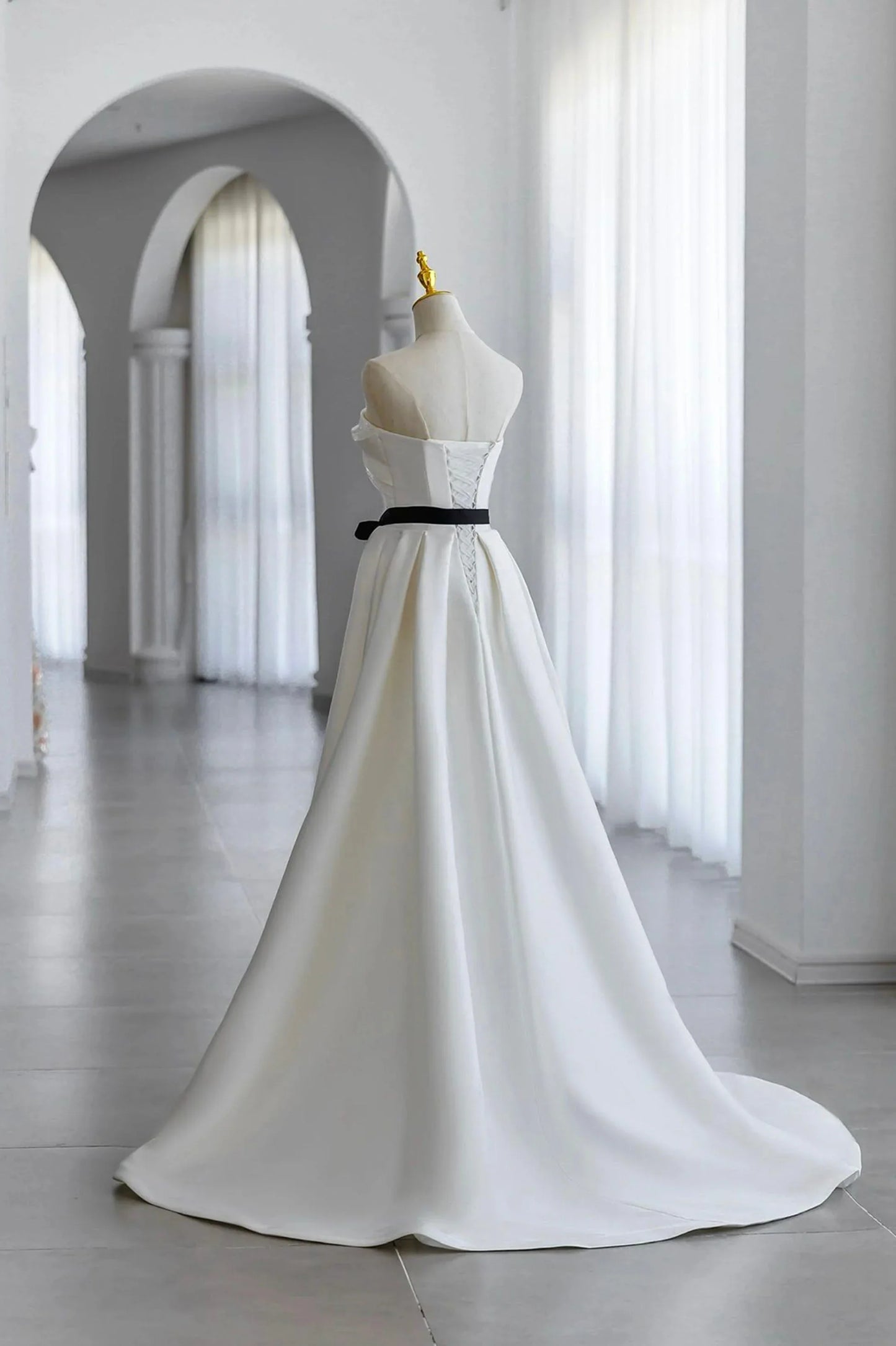 White A Line Strapless Sequins Satin Prom Dress Formal Evening Dress SH1635