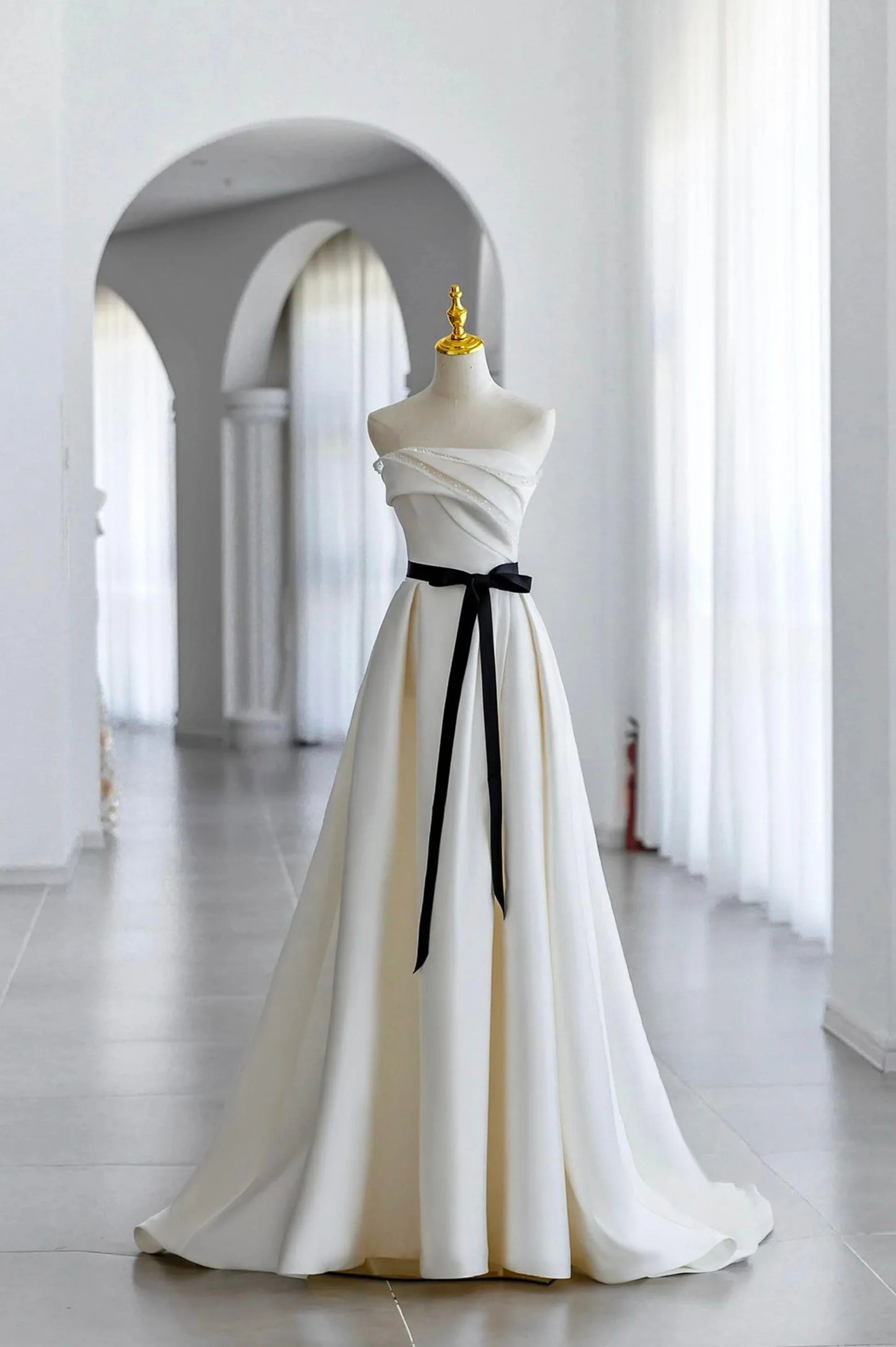 White A Line Strapless Sequins Satin Prom Dress Formal Evening Dress SH1635