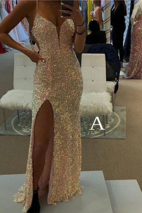 PM085,Spaghetti Straps Mermaid Prom Dress, Sparkly Sequins Slit Long Formal Gown