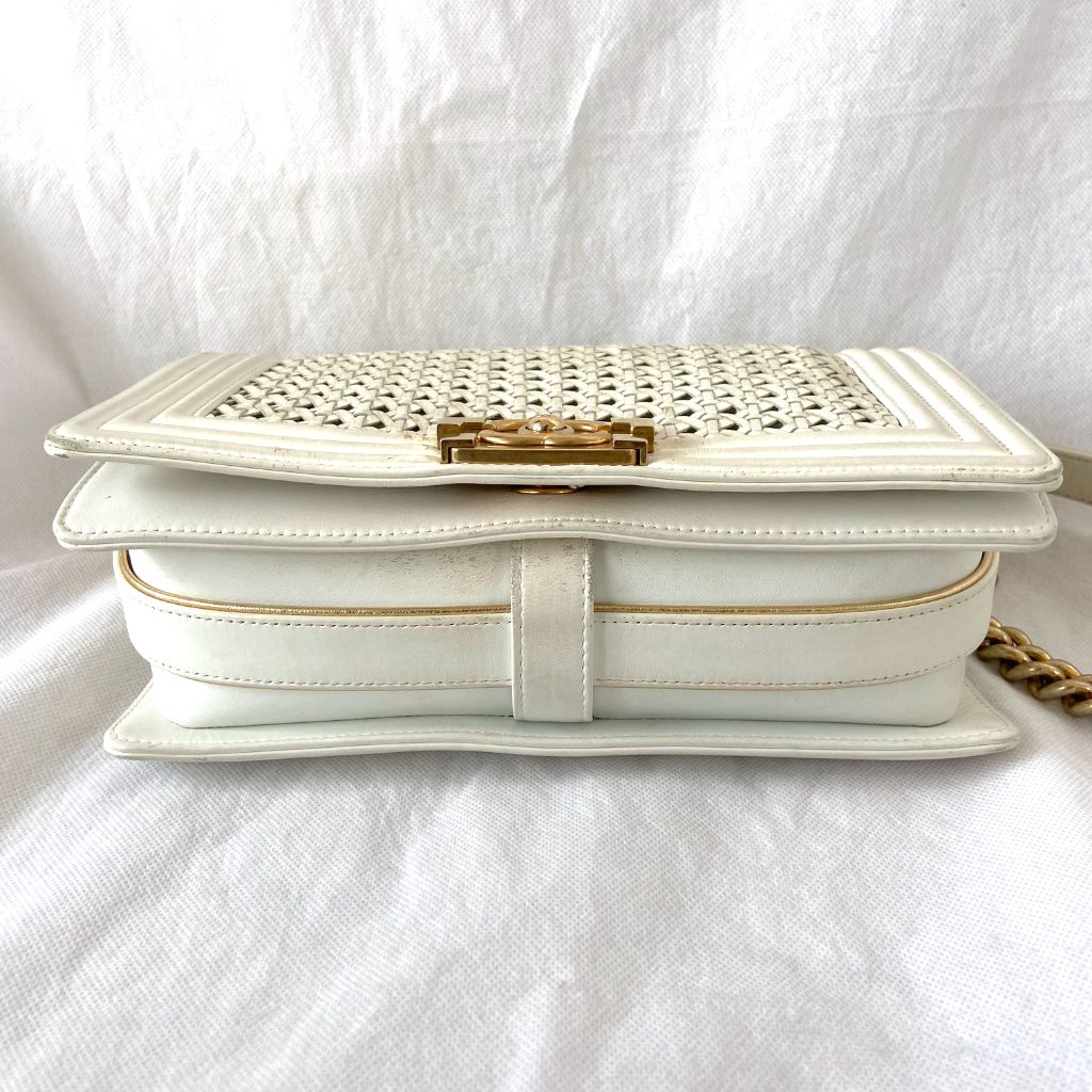 Chanel White/Gold Woven Leather Small Reverso Boy Flap Bag