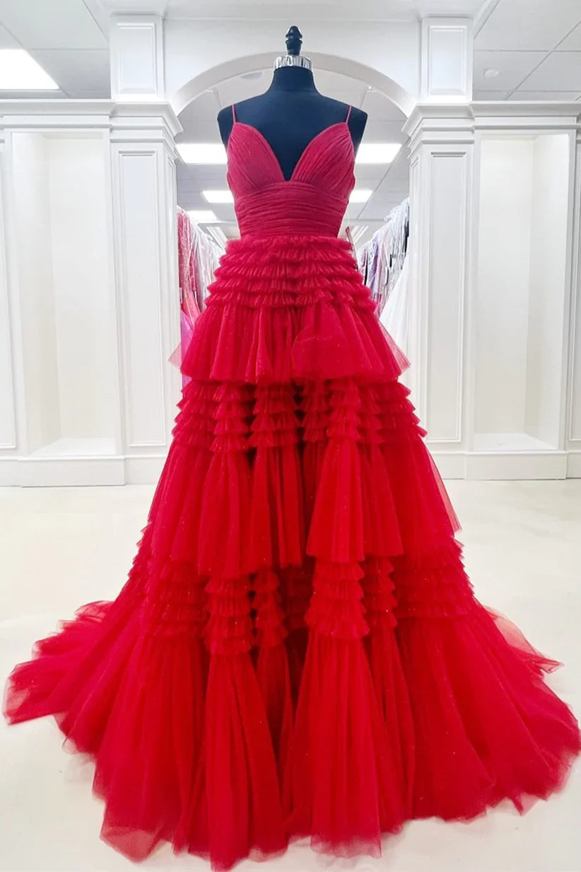 Spaghetti Straps V-Neck Layers Formal Party Prom Dresses