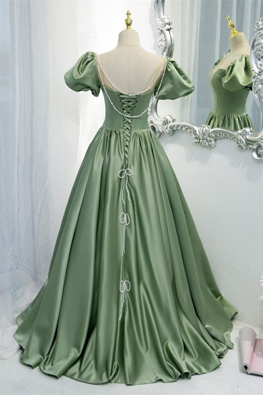 Green A-line Long Formal Gown Satin Prom Dresses