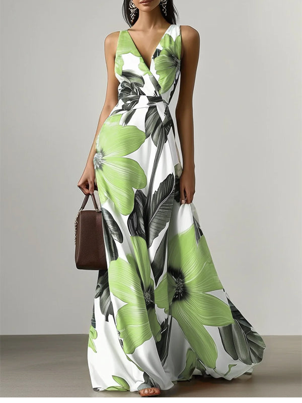 V-neck Sleeveless Printed Maxi Dress