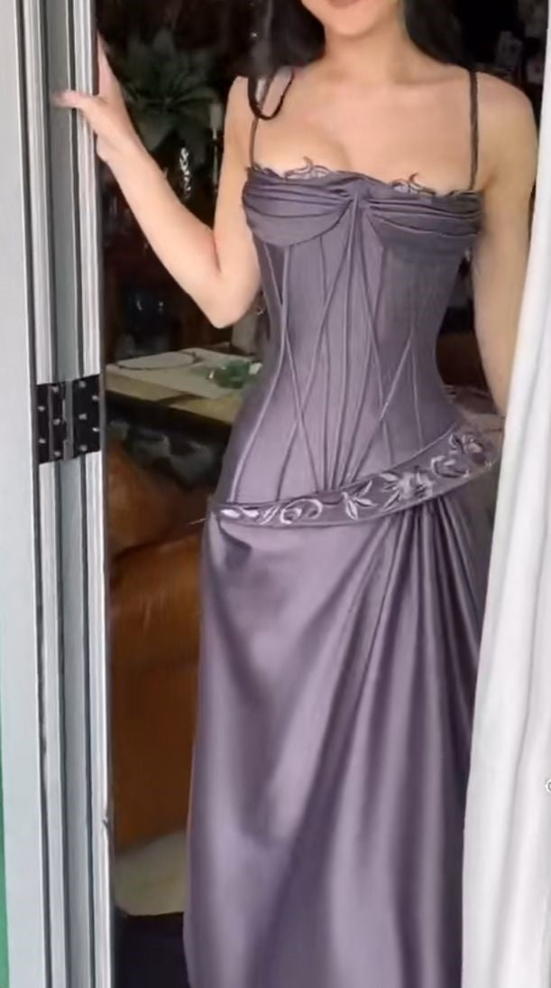 Purple vintage fashion spaghetti strap long satin prom dress, evening dress, party dress gh3525
