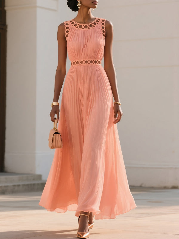Orange Lace Pleated Chiffon Crew Neck Sleeveless A-Line Maxi Dress