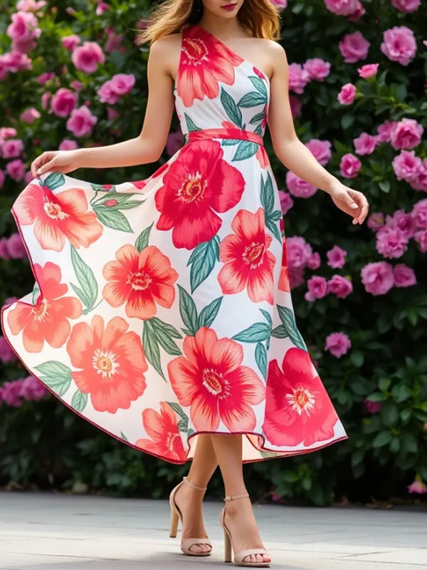 One-shoulder Elegant Chiffon Print Ladies Dress