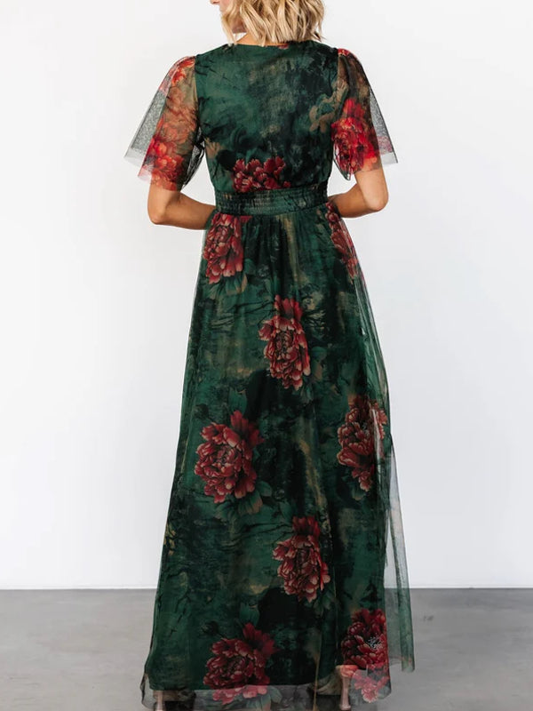 Short Sleeve Elegant Mesh Print Maxi Dress