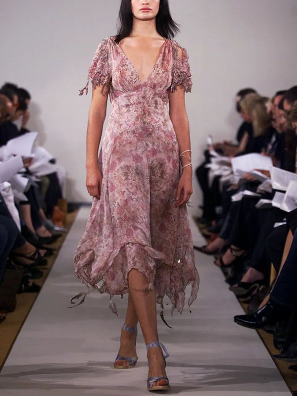 Pink V-neck Short Sleeves With Print Midi Dress