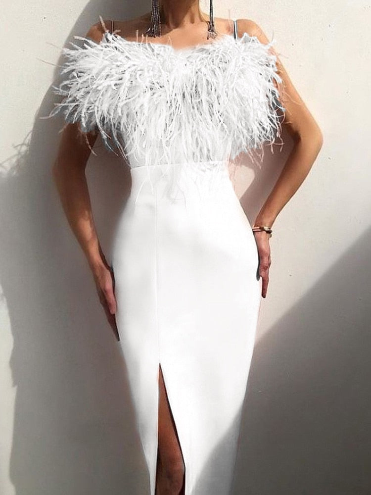 loveedsTM- Luxury Feathers Dress Women Sleeveless Spaghetti Strap High Waist Bodycon Slit Mid-calf Wedding Birthday Party Evening Dresses