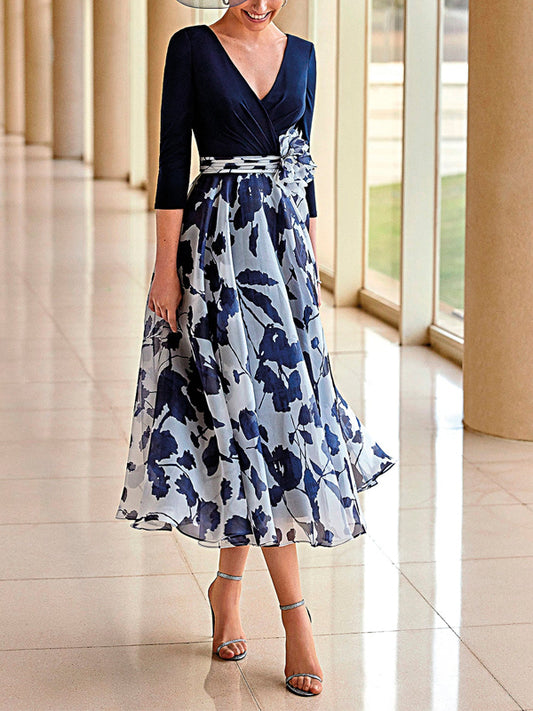 V-neck Printed Midi Dress