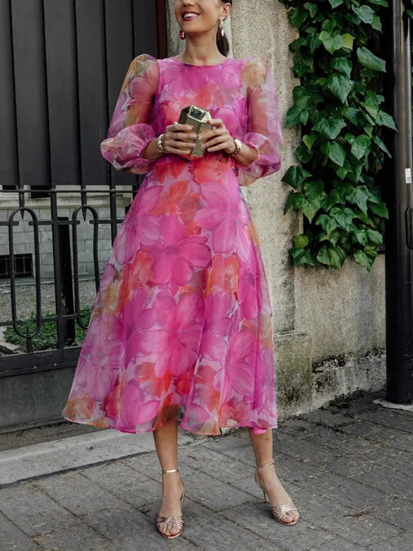 Puff Sleeve Temperament Chiffon Printed Women's Dress