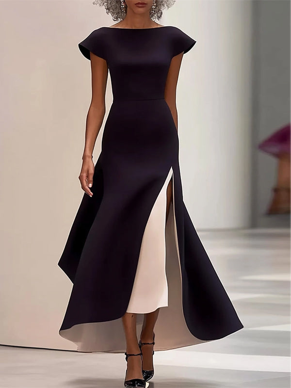 Dark Blue Crew Neck Short Sleeves Midi Dress