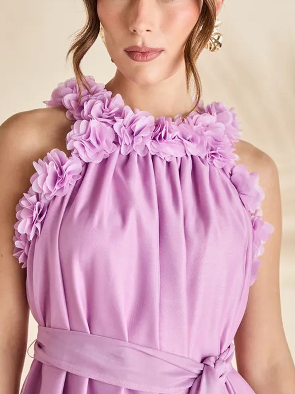 Floral Edge Printed Trapeze Midi Holiday Dress