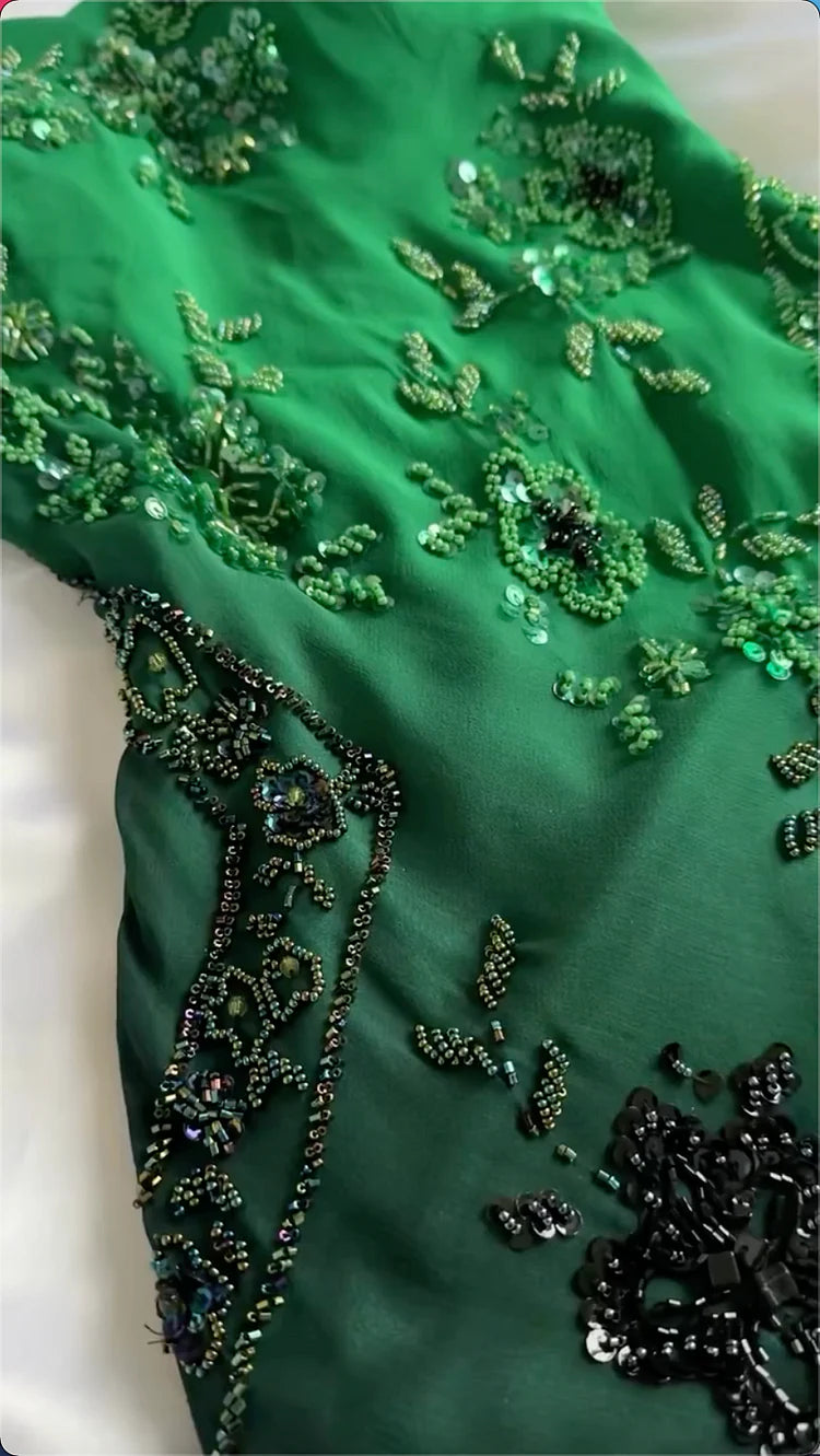 Green Black A Line Spaghetti Strap Beaded Chiffon Prom Dress Evening Dress SH2248
