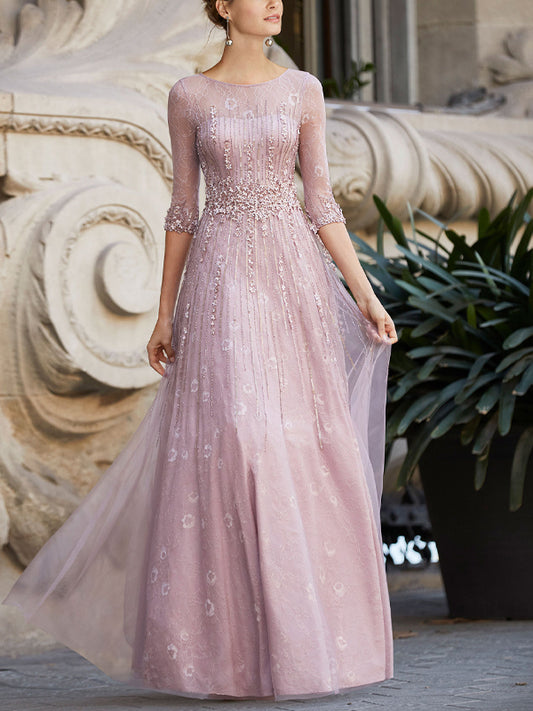 Round Neck Mesh Lace Solid Color Maxi Dress