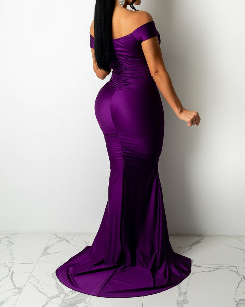 loveedsTM-Satin Off Shoulder Ruched Split Mermaid Dress