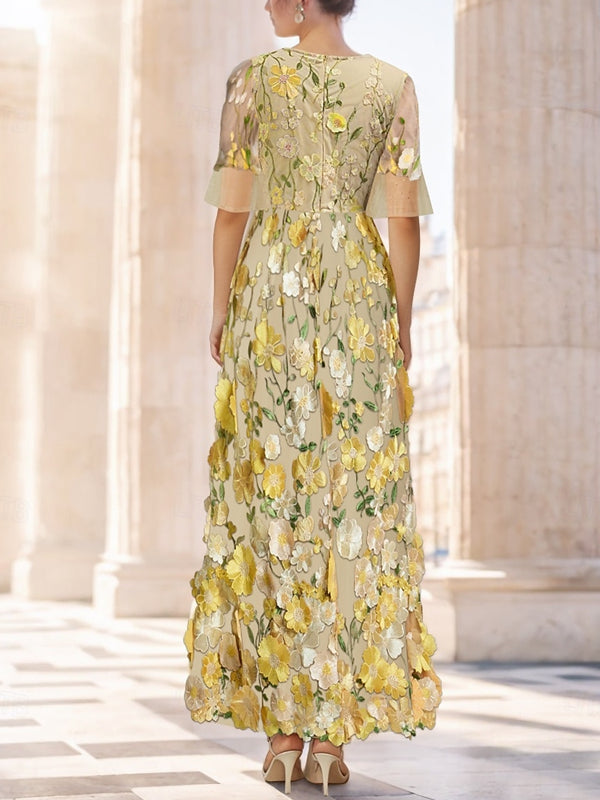 Floral Short Sleeve Tulle Embroidery Dress