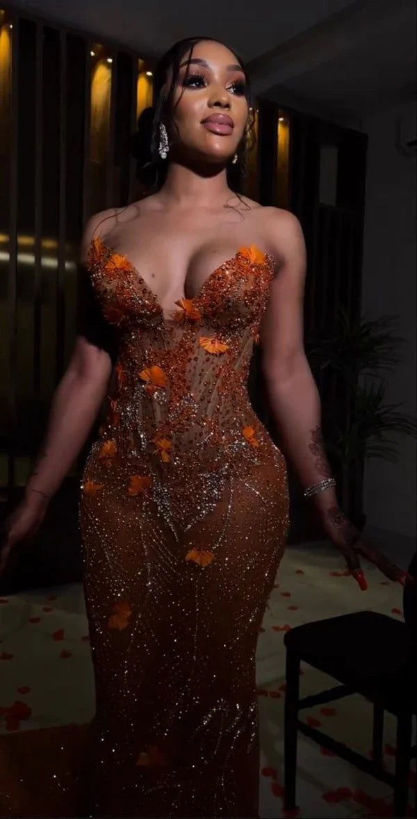 Orange Luxury Shiny Beaded V Neck Sexy Elegant Mermaid Slim Fit Long Floor Length Train Ball Gown Evening Gown Party Dress Prom Dress gh3660