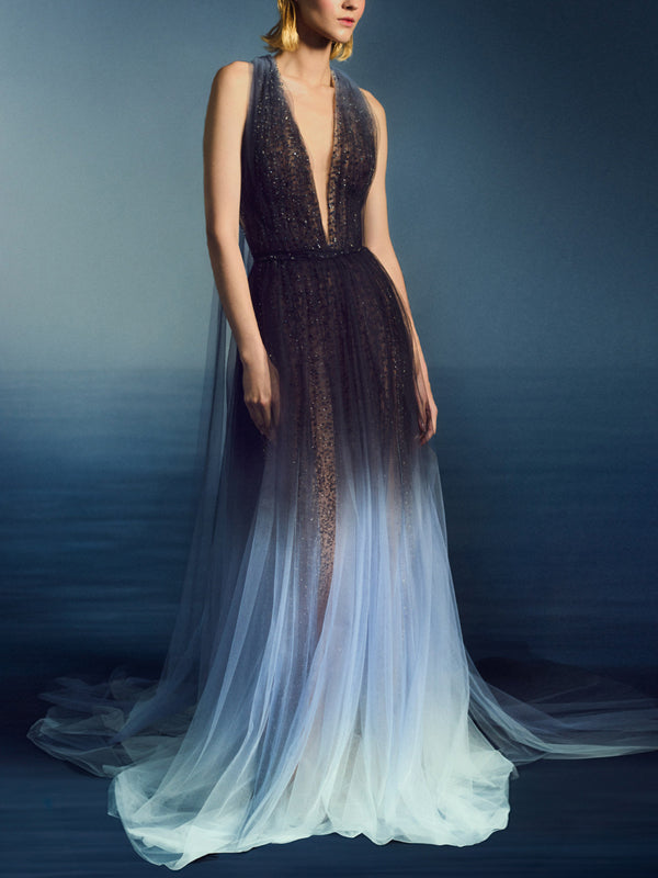 V-neck Mesh Gradient Maxi Dress