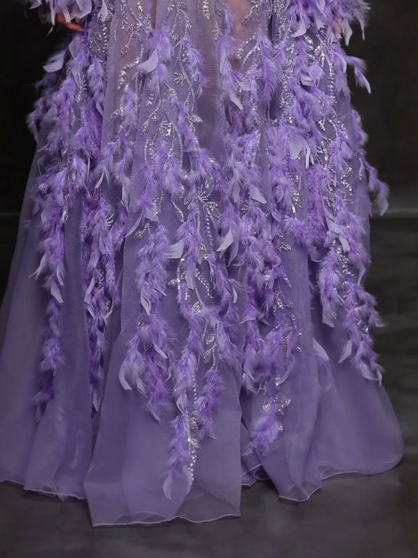 Deep V Elegant Feather Beads Women's Dress