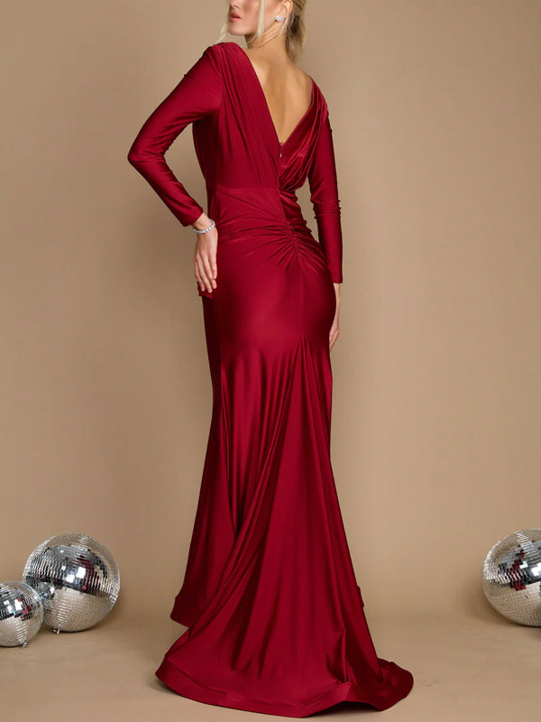 V-neck Solid Color Long Sleeves Maxi Dress