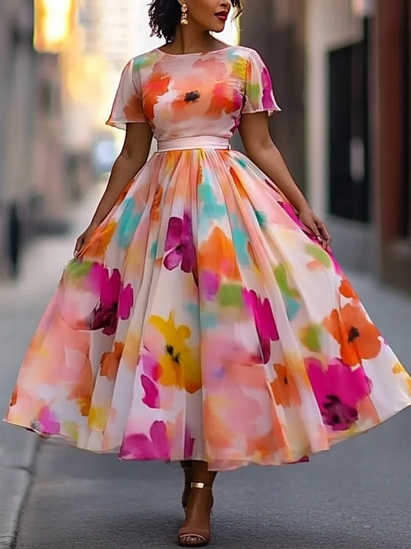 Colorful Floral Print Crew Neck Midi Dress