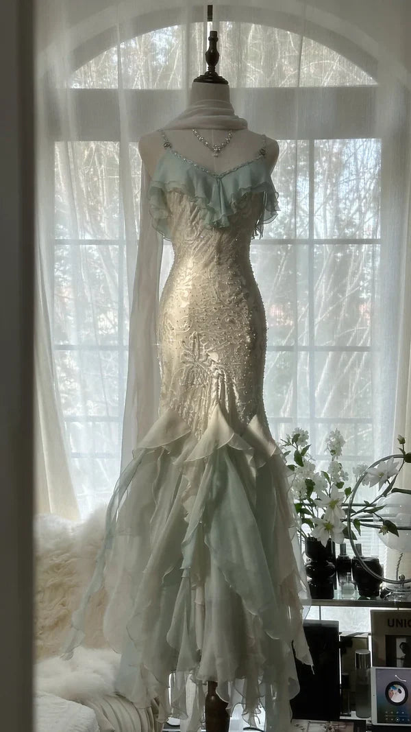 Green white gorgeous beautiful charming spaghetti straps beaded ruffles mermaid long slim lace tulle ball gown fashion evening dress party dress prom dress gh3617a